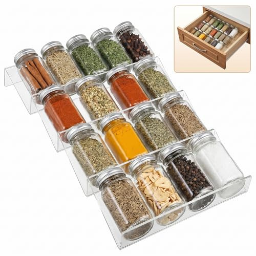 ABOOFAN 4er-Set Gewürzregal Schublade, Erweiterbar von 23 bis 46 cm, Transparentes Acryl Gewürz Organizer, 4 Ebenen Gewürztreppe Schubladeneinsatz für Küchenschubladen, Schrank und Arbeitsplatte