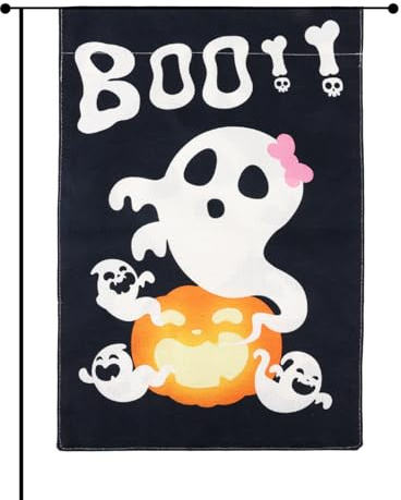 Halloween Boo Gartenfahne, 45x30cm Doppelseitig Outdoor Gruselige Geister Kürbis Flagge aus Leinen Halloween Deko für Garten Rasen Terrasse Vorgarten & Wohnbereich