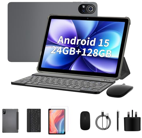 PRITOM 10 Zoll Tablet, 6-in-1 Tablets, 24 GB, 128 GB ROM, Android 15, 1024GB Expand,Qcta core, WiFi 6, 8000 Mah, Tablet mit Tastatur, Maus, Stylus und Schutzhülle, Grau