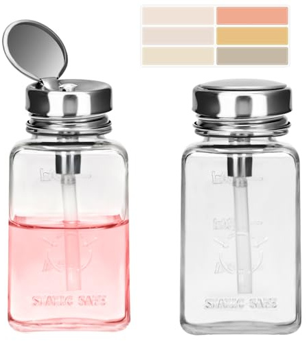 2PCS 6Oz/180ML Clear Glass Pump Dispenser Bottle, Metal Flip Top Press Container, Refillable Liquid Dispenser for Nail Polish Remover, Makeup Remover & Alcohol - Leak-Proof for Home, Salon & Travel
