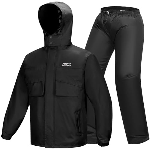 ILM Motorcycle Rain Suit Waterproof Men 2 Set Jacket and Trousers Motorbike Fishing Rain Gear Resistant Protective 6 Pockets RS02,Men Matte Black,XL