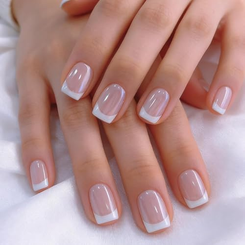 SXVME Chrome Weiß Press on Nails Kurz Eckig, Glänzend Glitzer Nägel zum Aufkleben French, Glasiert Niedlich Fake Nails mit Sparkle Spiegel Design, Hochzeit French Nails Künstliche Nägel 30 Stück, Rosa