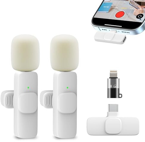 Micrófono Inalámbrico Solapa para iPhone y Android, Lavalier Pro para Vloggers Streamers YouTubers e Influencers, Micro con Reducción de Ruido para TikTok Instagram Reels Entrevistas y Vlogs, Blanco