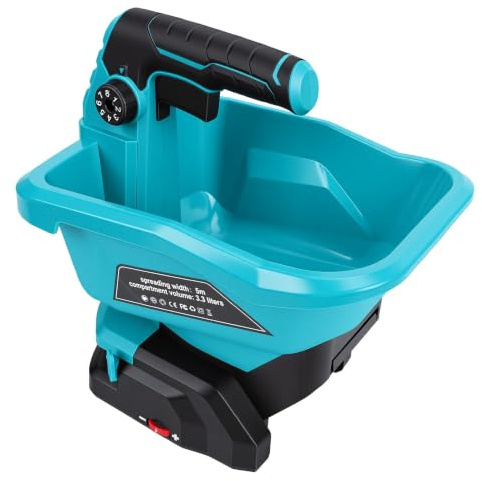 YWBL-WH Épandeur de Pelouse Portatif, alimenté par Batterie, 6 Vitesses Réglables | Plastique, trémie de 3,3 L, largeur de 16 pieds, 6 vitesses, 900 à 2 200 tr/min, disque réglable à 125 °, anti-obstruction,