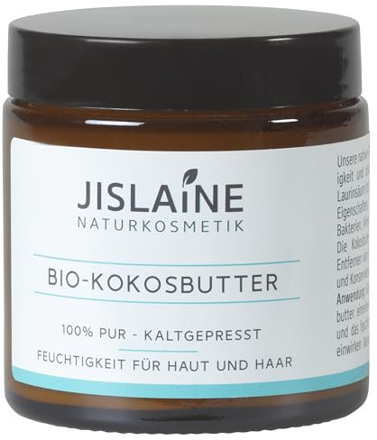 Jislaine Bio-KOKOSBUTTER 100g kaltgepresst - vegan & ohne Palmöl - Für Haut, Haare oder Lippen & auch als Make-Up-Entferner verwendbar - im Glastiegel