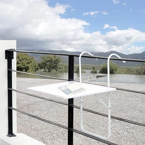 Dynamic24 Balkontisch Klapptisch Hängetisch Tisch Balkon klappbar Balkonhängetisch weiß 60x40cm - zur Befestigung am Geländer, zum Einhängen in Balkongeländer bis ca. 12cm Tiefe