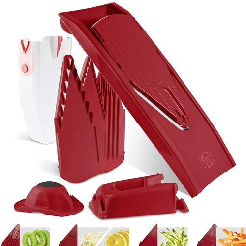 Börner Cortador de Verduras V1 (Set Profesional) • Mandolina en V con 4 Insertos, Protector, Base y Caja de Almacenamiento • Ajustable para cortar en Rodajas, Tiras y Cubos • Color: Rojo