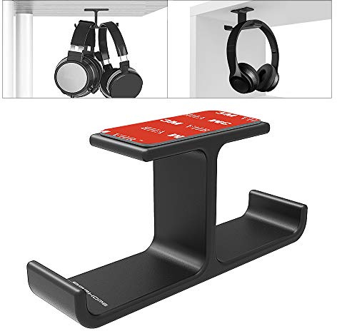 APPHOME Dual Headphone Hanger Stand for Under Desk, Aluminum Adhesive Headset Hook Mount with Screw Option, Space-Saving PC Gaming Accessories for All Headphones, Black
