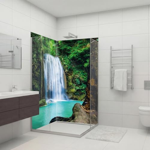 dedeco Eck-Duschrückwand Wasserfest Motiv Wasserfall - 2 x 90x200 cm, Perfekt als Badrückwand zum Fliesenersatz, passend für viele Bäder als Dekorwand, Wandverkleidung und Duschplatte