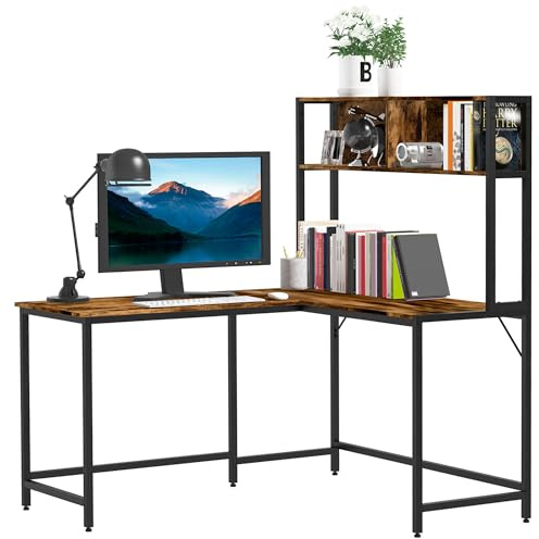 HOMCOM L Shaped Desk with Book Shelf Corner Computer Desk 140 x 125cm Brown | Industrial Style, Writing Table, Steel Frame, Home Office, Bedroom, Study Room