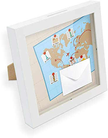 itenga Geldgeschenk I Spardose I Weltkarte I Gutschein I Bilderrahmen zum Befüllen I Geschenkverpackung I inkl. Einleger und Briefumschlag zum Dekorieren