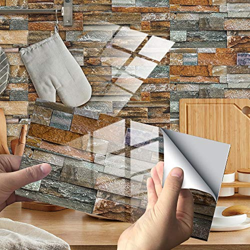 Hiseng 24/48 Pezzi Rettangolo Adesivi per Piastrelle da Cucina, Marmo Mosaico Stampa Impermeabile Adesivo da Parete Formato Autoadesivo Decorativo per Bagno Decorazioni (Marrone Grigio,48Pezzi)