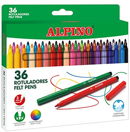 Alpino 36 rotuladores, Estuche de 36 rotuladores punta de 3mm, Rotuladores de Tinta Lavable, Rotuladores para niños, Material escolar y de oficina (AR001036N)