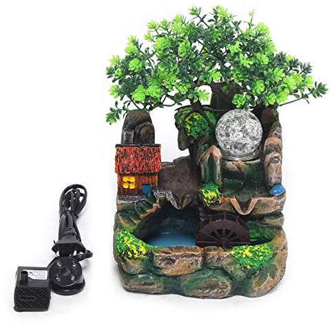 Fontaine d'intérieur Feng Shui -Fontaine de table - Plantes en pierre - Avec boule à LED et vaporisateur