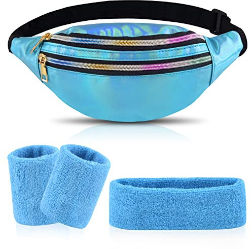 80er 90er Jahre Lila Gürteltasche mit Lila Schweißband Set, Damen und Herren PU Leder Bauchtasche für Faschingskostüm Retro Party, Outdoor Hüfttasche Zum Wandern Hip Bag (Blau)