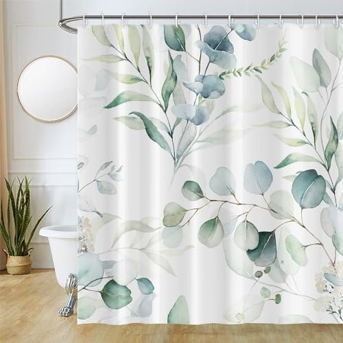 Uiiooazy Tenda Doccia Antimuffa 180x200cm Eucalipto Foglie Blu Fiori Bianco | Tenda da Doccia Verde Salvia Pianta Impermeabile Tessuto in Poliestere Lavabile per Vasca da Bagno con 12 Anelli