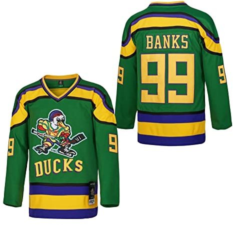 D-5 Maillot de Hockey sur Glace pour Enfants Mighty Ducks #96 Conway #99 Banks, #99-Vert, Taille L