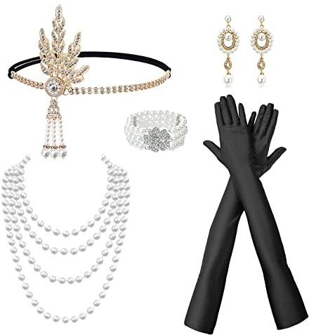 TSHAOUN 6 delar 1920-tals klaff Great Gatsby tillbehörsset, 1920-tals tillbehör för kvinnor, 1920 tillbehörsset med pannband huvudbonad långa svarta handskar halsband örhängen för kvinnor (guld)