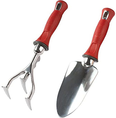 Garden Weasel Confezione da 2 pala a mano e coltivatore con impugnatura comoda, essenziale, attrezzi da giardinaggio multiposa, rosso
