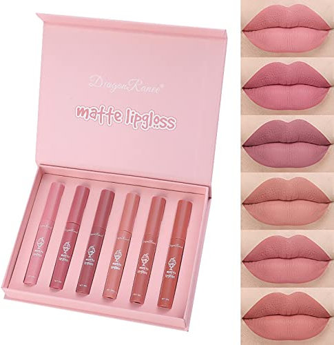 MTUVKGT Lot de 6 Brillants à Lèvres Mat, Ensemble de Rouge à Lèvres Liquide Nude Longue Durée, Ensembles de Rouge à Lèvres non Collants, Maquillage pour Les Lèvres Imperméable (A)