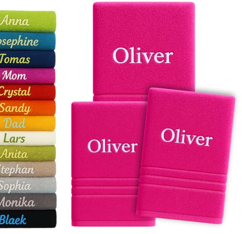 3er Pack Personalisiertes Handtuch und Badetuch mit Namen, Schön gestickter Name Handbadetuch 100 % Baumwollhandtuch 2x (50 x 100 cm) + 1x (140 x 70 cm) Personalized Custom Towel with Name (Rosa)