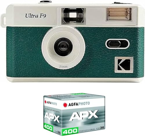 Kodak Pack F9 Argentique + Pellicule 100 ASA - Appareil Photo Rechargeable 35mm Vert, Objectif Grand Angle Fixe, Viseur Optique, Flash Intégré + Pellicule APX 100, 36 Poses