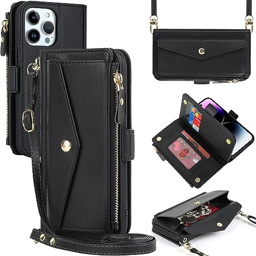 Zouzt for iPhone 14 Pro Max Wallet Case for Women, Purse with Credit Card Holder Slots Crossbody Lanyard Strap Zipper Flip Book Shockproof Protective Phone Cover for Apple 14 Pro Max 6.7 Inch (Black)