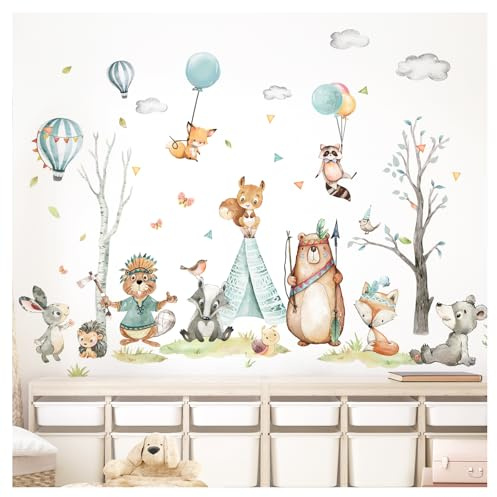 DEKO KINDERZIMMER Wandtattoo Waldtiere Babyzimmer Wandsticker Bär Fuchs Tipi Wandaufkleber Bäume Kinderzimmer Wanddeko DK1139-01