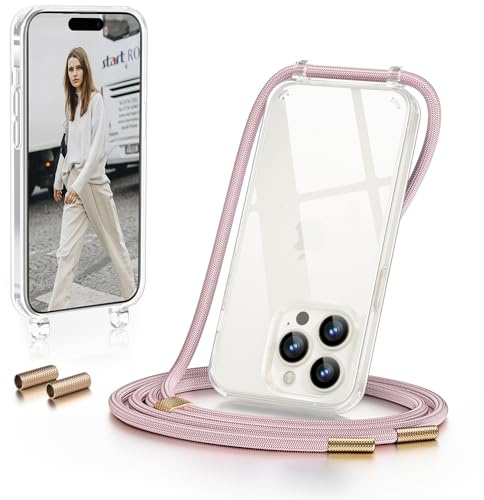 GOODVISH Handykette für iPhone 15 Pro Max Hülle mit Band, Rosé Gold | Kameraschutz und Bildschirmschutz, Necklace Handyhülle Schnur Schutzhülle für Umhängen Transparent Case mit Kordel 6.7