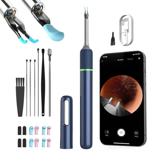Ear Wax Removal Kit Ear Camera, 1080P FHD WiFi Wireless Ear Cleaner with 6 LED Light, Ear Cleaner with Ear Pick & Tweezers, 3.2mm Visual Ear Otoscope Endoscope for iOS, Android (Blue, Note5)
