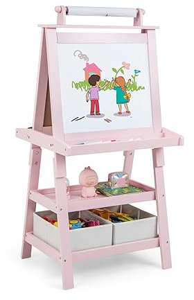 LIFEZEAL Lavagna per bambini 3 in 1, cavalletto per bambini con lavagna a due lati, lavagna con 2 ripiani, lavagna bianca, lavagna a gesso e rotolo di carta, lavagna con 2 scatole portaoggetti,
