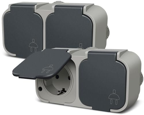 EXTRASTAR 2-Fach Steckdose, IP54 Feuchtraumsteckdose, Außensteckdose mit Klappdeckel, 16A/250V, 1 Stück