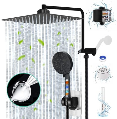 Matte Black Shower Head with Filters 12 Rain Shower Head with Handheld Spray Dual Shower Filter Head for Hard Water, Showerhead Combo with 10 Setting Handheld Built-in 2 Power Wash, Extra Cartridges