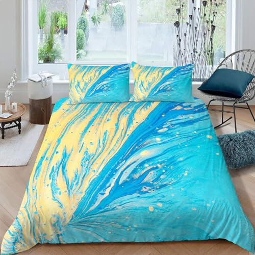 Sommer BettwäSche 135x200 Treibsand Bettbezug 135x 200 3 Teilig mit ReißVerschluss gelb-blau Weich und bügelfrei BettwäSche-Sets - WendebettwäSche mit 2 Kissenbezug 80x80