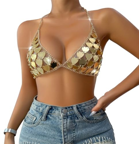 Sparkly Glitter Sequin Crop Top Body Chains Vest Sexy Halter Neck Backless Tassel V Neck Blouse T Shirts Tank Tops With Adjustable Strap for Women Ladies Clubwear Party