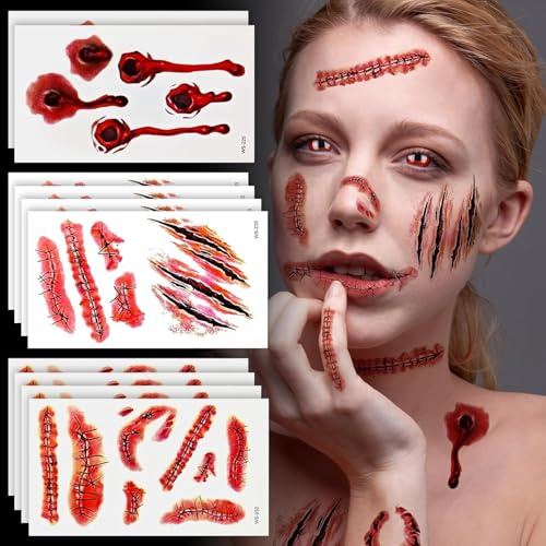Halloween Tattoo Narben,12 Blatt Tattoo Wunden Gesicht Scars Realistische Motive Aufkleber Wasserdichte Temporäre Tattoos Blut Tattoo für Karneval Halloween Schminken