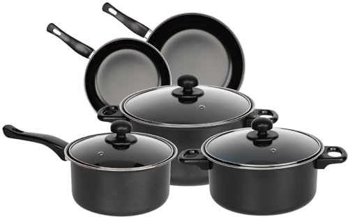 Gr8 Home Black 8 Piece Carbon Steel Non Stick Kitchen Cookware Set Casserole Cooking Pot Frying Pan Saucepan with Glass Lids