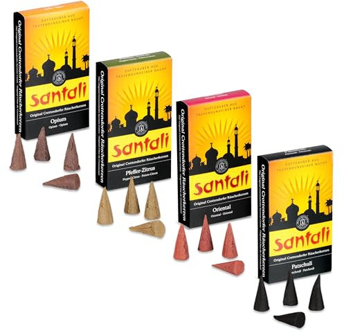 Crottendorfer Santali Räucherkerzen Set (M, 4 x 24) - Räucherkegel Raumduft Opium, Oriental, Patschuli & Zitrus - Für Räuchermännchen, Räucherschalen & Stövchen - Räuchern mit orientalischen Düften