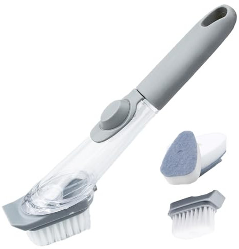 Spazzola per Piatti Cucina Set,Spazzola per Piatti Multifunzione con Dispenser per detersivo, con 3 Testine di Ricambio,per Pulizia Pentole