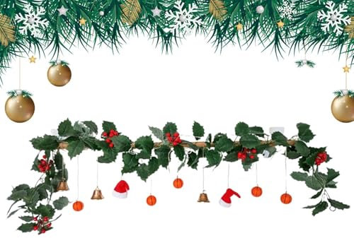 demaxiyad Künstliche Weihnachtsgirlande | Kaminsims Weihnachtsgirlande mit Weihnachtsmütze | Deko Winter künstliches Grün Baumeln Ornamente Rattan für Türrahmen Fenster Kamin