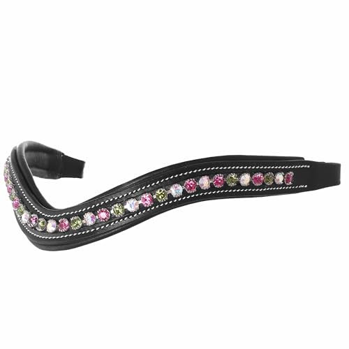 Exion Pferde-Stirnband für englische Zaumzeug, gebogene Form, gepolstertes Reiter-Stirnband für Show & Dressur, Fuchsia, Aurore Boreale, Olivine Crystal Stirnband für Pferde