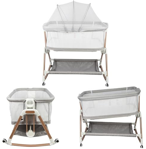 Kedia Babybett, Kinderbett mit Moskitonetz, Kinderreisebett mit Rollen, Babybetten Babywiege, Beistellbett (B-Grau)