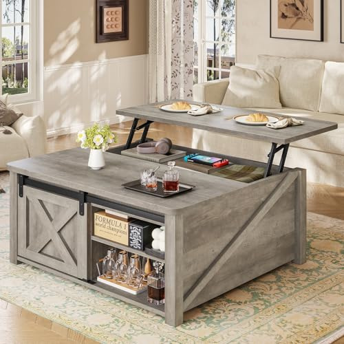 SEDETA 31.5 Lift Top Coffee Table with Storage, Square Coffee Tables for Living Room, Farmhouse Coffee Table with Large Hidden Storage Compartment and Adjustable Shelves, Grey