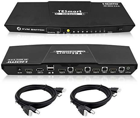 4-Port HDMI KVM Switch with 2 Pcs 5ft KVM Cables 3840x2160@60Hz 4:4:4 UHD Supports L/R Audio Output and USB 2.0 Device Control (Black)