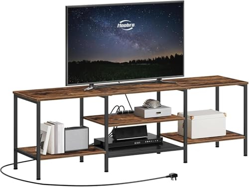 HOOBRO 160cm TV Stand Unit, TV Cabinet with Open Storage Shelves Cabinet, Industrial Media Entertainment Center with Power Outlets for Living Room Bedroom, Rustic Brown and Black EBF60KDS01