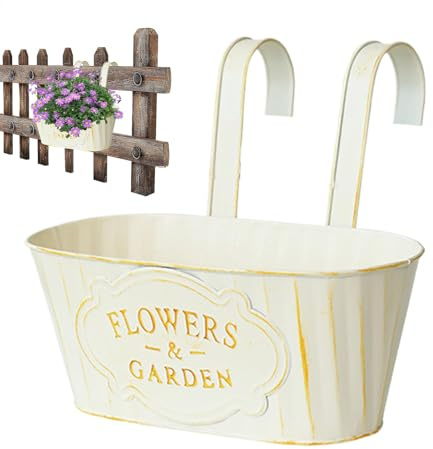 Metal Deck Plasnter - Railing Hanging Flower Box, Window Garden Pot | Balcony Plant Holder, Outdoor Fence, Decorative Patio Containers Countryside Plant Pots for Yard Home Decor
