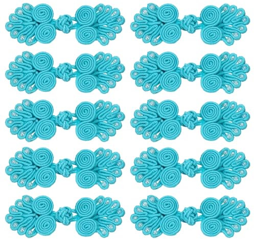 QUARKZMAN 10 Paare chinesische Knoten Frosch Knöpfe Verschluss Hellblau Nähen Knöpfe Verschlüsse mit Perlen für DIY Nähen Mäntel Umhang Pullover Braut Kostüm Outfit, 0,98x2,36 Zoll