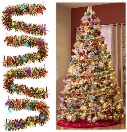 4 Stück * 2M Lametta Weihnachtsbaum, Weihnachtsgirlande mit Beleuchtung Lametta Girlande Weihnachten mit 50 LEDs Batteriebetrieben Weihnachtsgirlanden, für Haus Treppen Kamin Haustür und Gärten (4)
