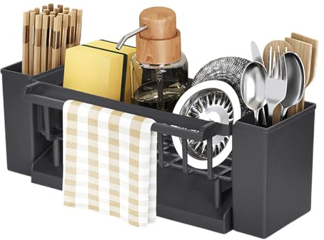 Rylae Organizador para Fregadero, Estante para Esponjas de Fregadero, Soporte para Tenedores y Cucharas, Gris Plomo, Plástico Abs, para Pared o Encimera, para Fregadero de Cocina, Pared y Baño