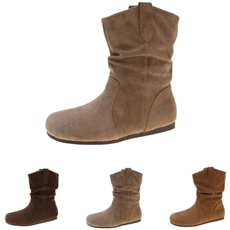 Mocka stövlar dam platta – ankelstövlar dam höst utan klack vinterstövlar kort skaft cowboystövlar rund tå slip-stövlar mjuka bekväma damstövlar vadhöga västerländska stövlar, Beige, 39 EU
